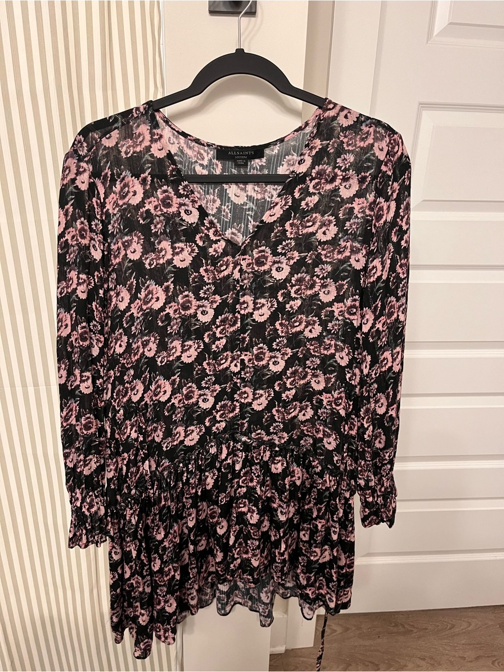 All Saints Black and Pink Floral Long-Sleeve Dress
